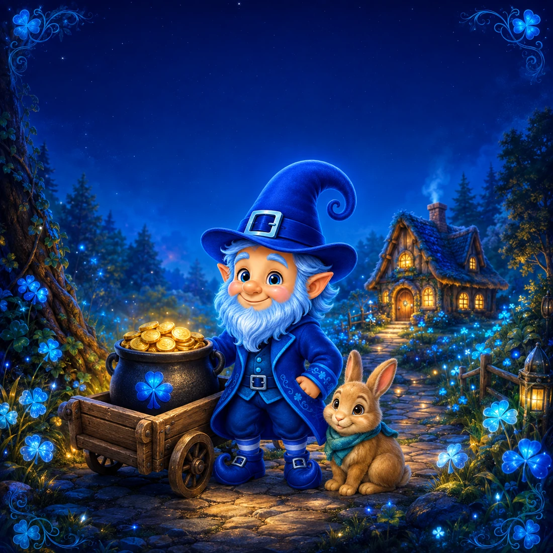 Blue and Pip beside a pot of gold in a glowing woodland village