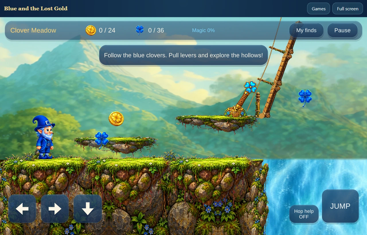 Blue exploring a mossy woodland level, collecting gold and blue clovers