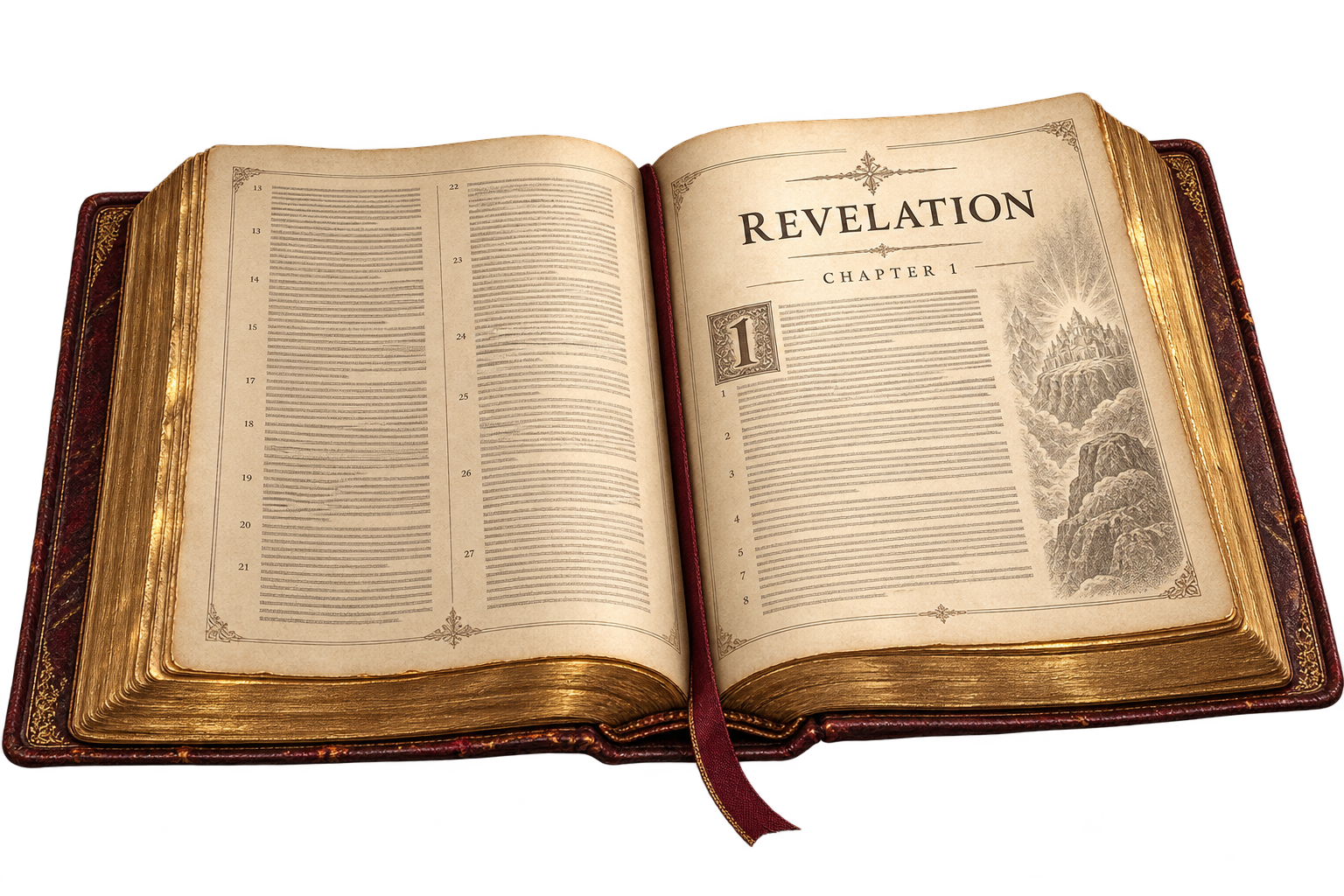 An antique leather-bound Bible open to Revelation, chapter 1